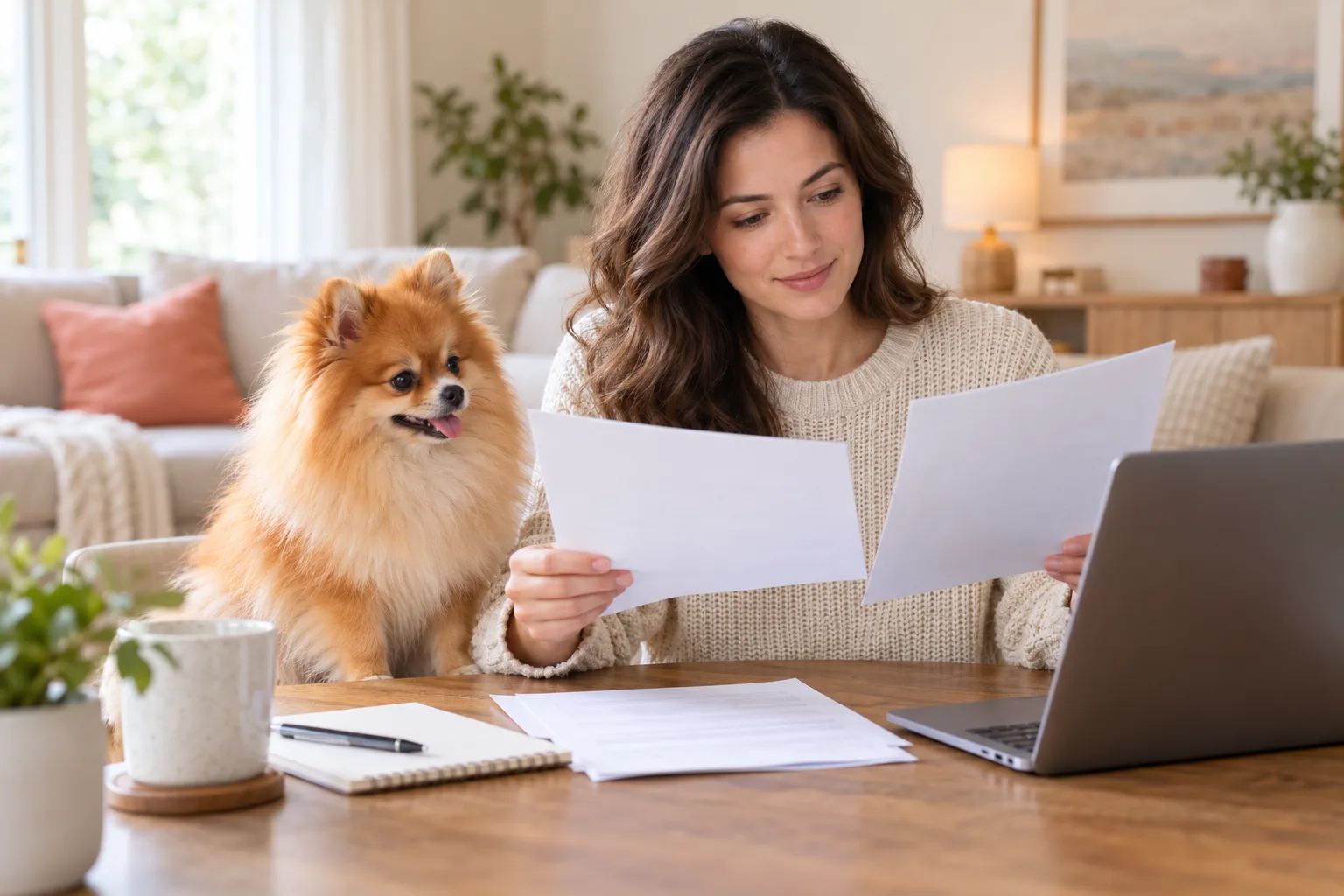 Pomeranian beside its owner reviewing blank papers at a home table